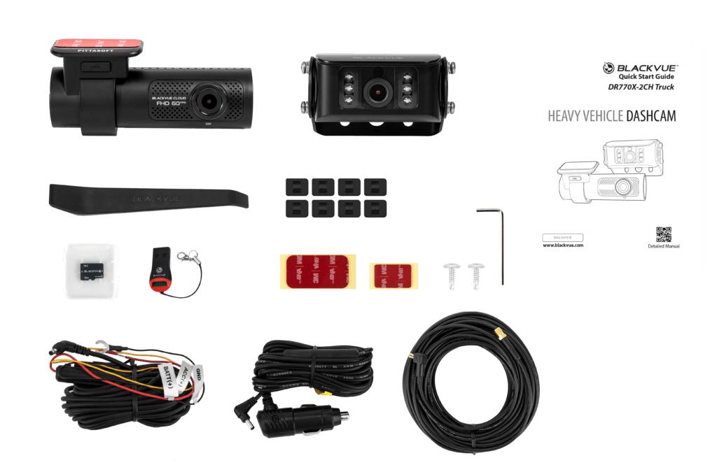BlackVue DR770X-2CH II TRUCK in the box - front cam, waterproof rear cam, 15m coax, hardwire kit and 64GB card