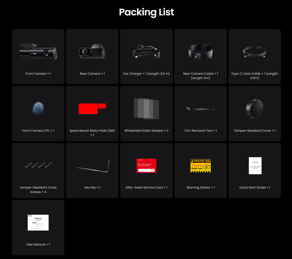 VIOFO T330 2CH what is in the box