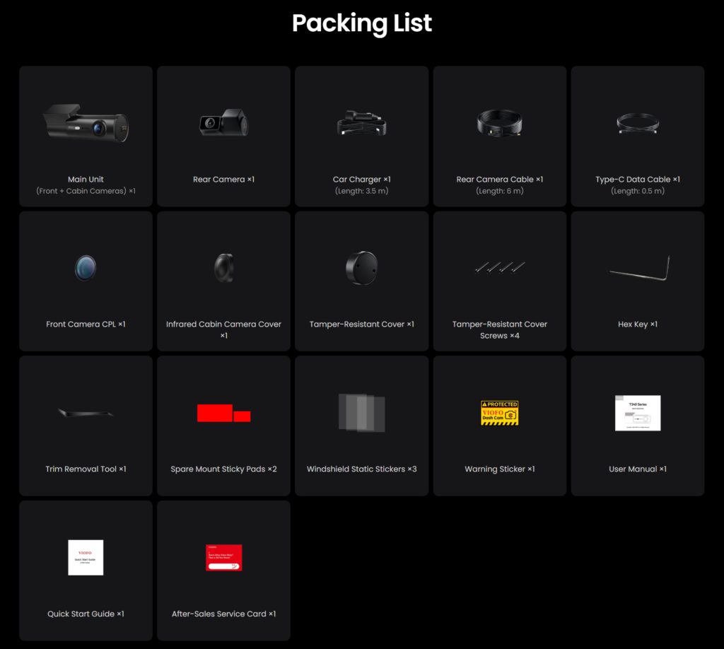 VIOFO T340 3CH what is in the box