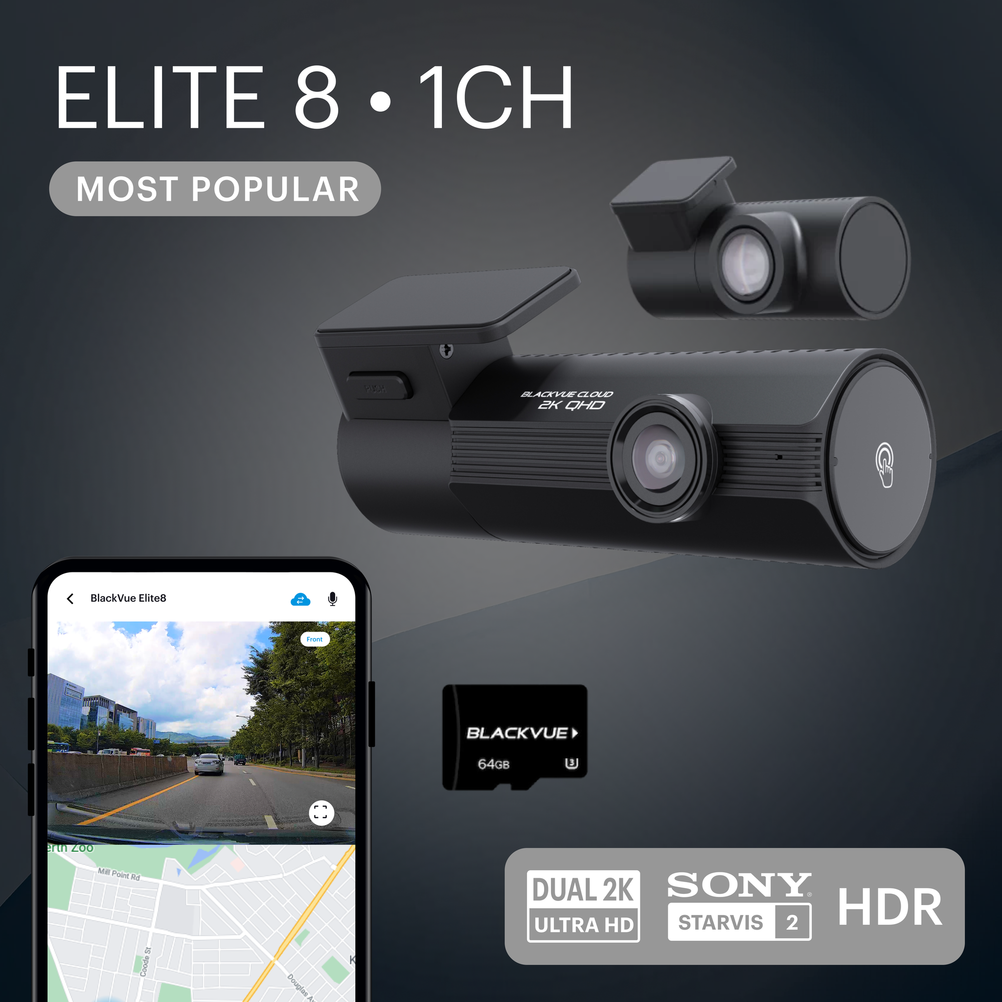 BlackVue Elite 8 2CH 2K front and rear dash cam hero