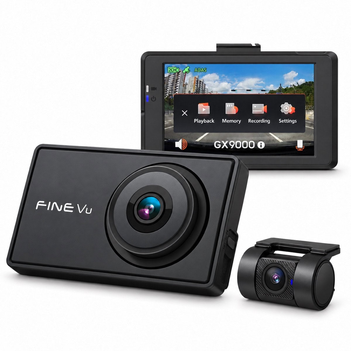 FineVu GX9000 2CH 2K dash cam with 3.5 inch IPS touchscreen, front and rear cameras