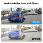 Dash cam footage with and without the VIOFO CPL-200 filter, showing reduced glare